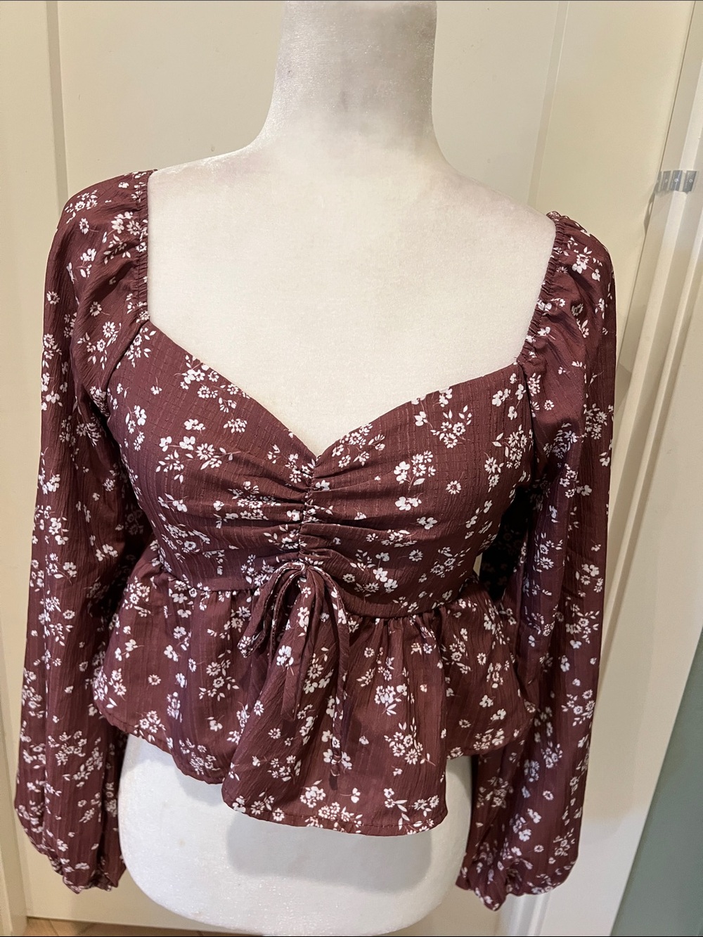 Altar'd State Brown Floral Ruched Tie-Front Peplum Blouse